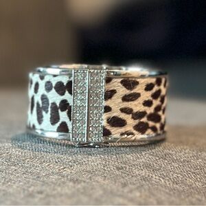 Ann Taylor Animal Print Hair Calf Hinged Bracelet with Rhinestone Center Stripe